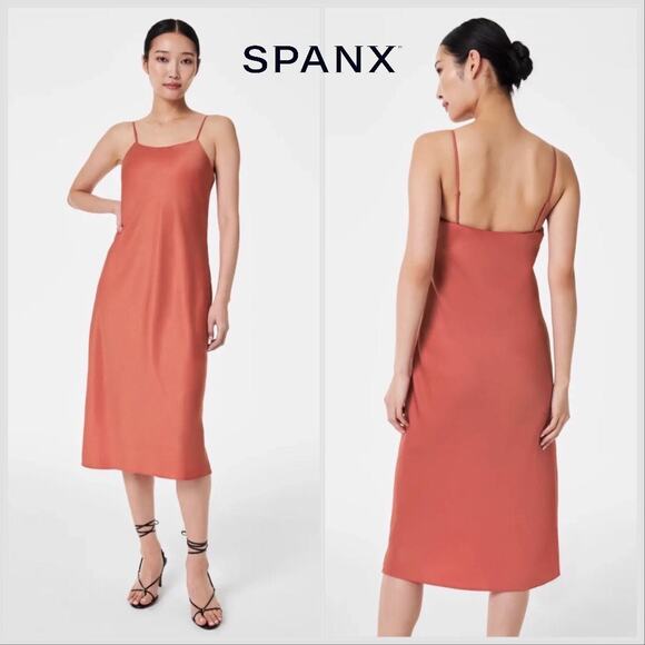 NWT SPANX Carefree Crepe Reversible Slip Midi Dress Coral Orange Sedona - Picture 1 of 14